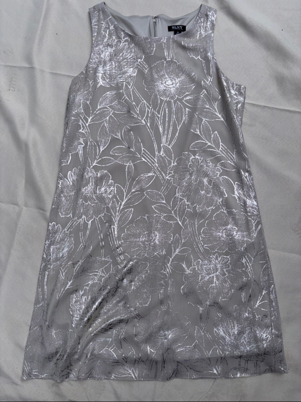 SLNY Silver Metallic Floral Shift Dress